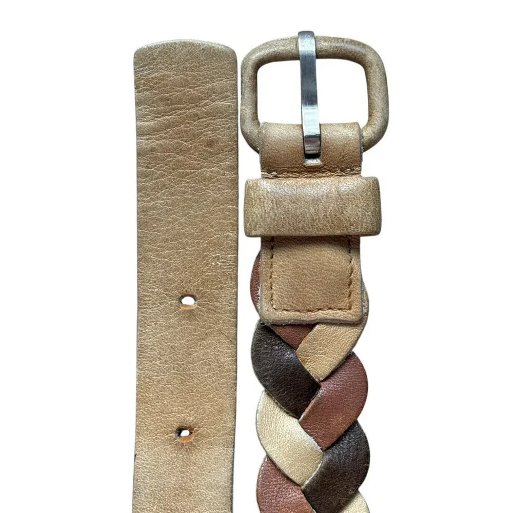 VTG 80s Preppy Academia Leather Braided Tricolor Belt Women’s S 35” Brown Tan